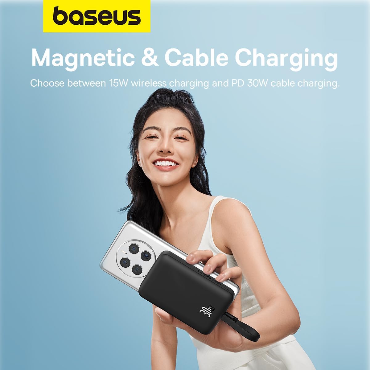 Baseus 30W Magnetic Wireless Power Bank 10000mAh with Built-in USB C Cable – MagSafe Compatible Battery Pack — 10000mAh-30W-W/Cable — Black