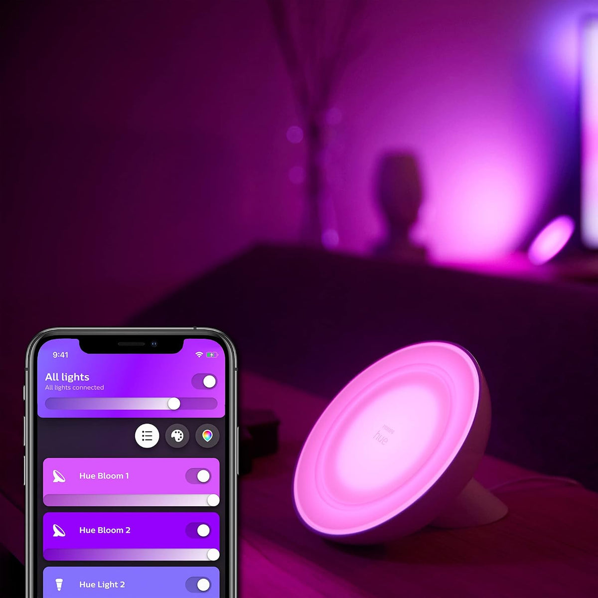 Philips Hue White and Colour Ambiance Bloom [Black] Smart LED Table Lamp, with Bluetooth Works with Alexa and Google Assistant — Black
