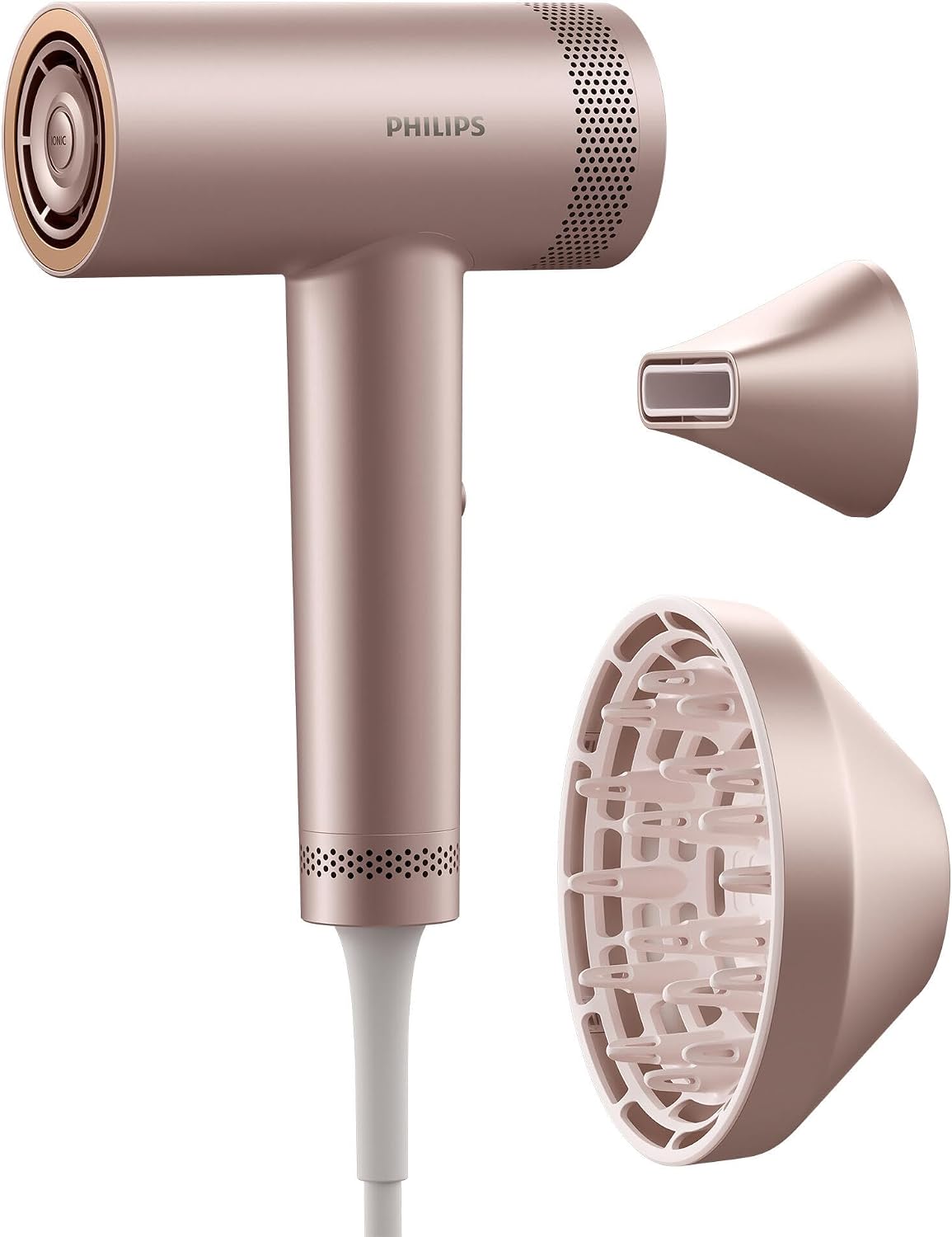 Philips Hair Dryer 8000 Series High Speed, ThermoShield Advanced, Ionic, Styling Piece & Diffuser, Scalp Care, 1400W, Pink Champagne, Model BHD837/10 — Rose Champagne