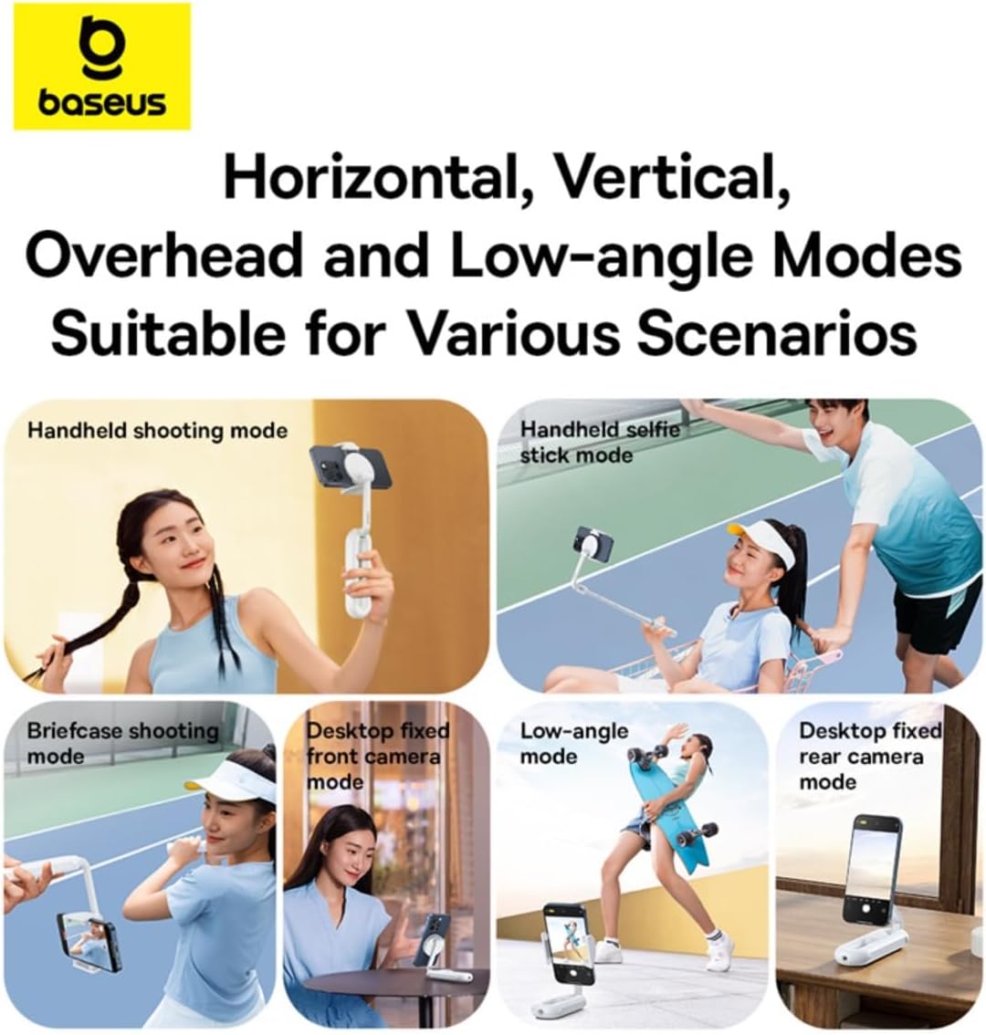 Baseus TechShot Dual-Support Selfie Stick & Foldable Phone Stand , 3-Stage Extendable Aluminum Monopod with Detachable Bluetooth Remote (10m) , Low-Angle Mode — White