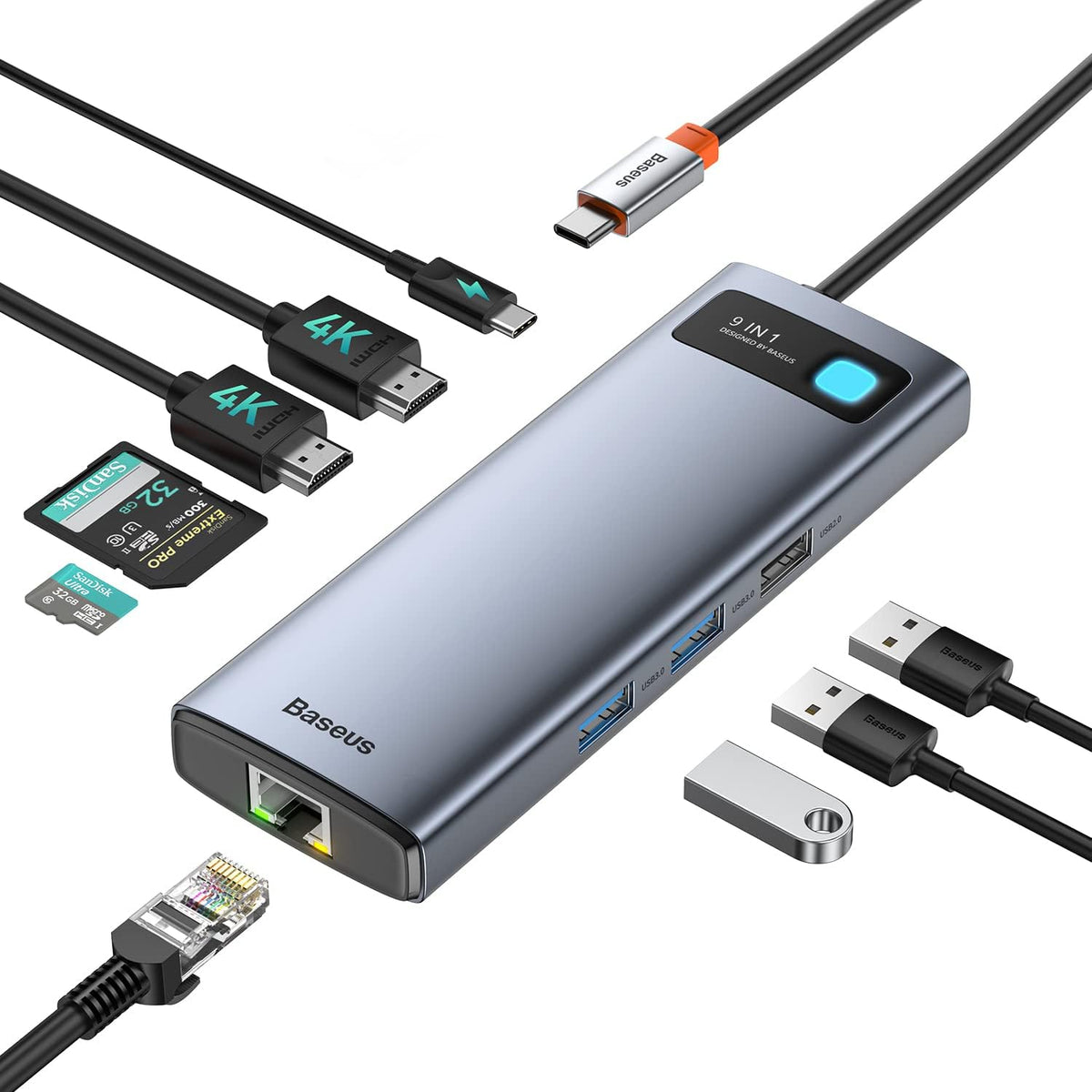 Baseus USB C HUB Dual 4K HDMI Display, 9 in 1 Docking Station 2 HDMI Dual Monitor, Gigabit Ethernet, 100W PD, SD/TF Card Reader, 3 USB, USB C Multiport Adapter — Silver
