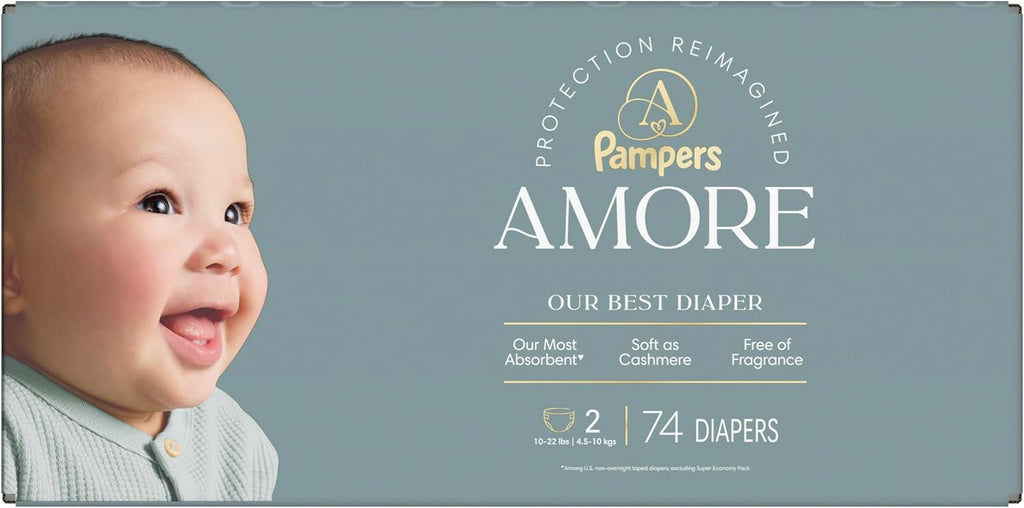 Pampers Amore, Size 2 (10-22 lbs), 74 Count, Our Best Diaper – Hypoallergenic & Fragrance Free, Up to 100% Leakproof, Soft as Cashmere
