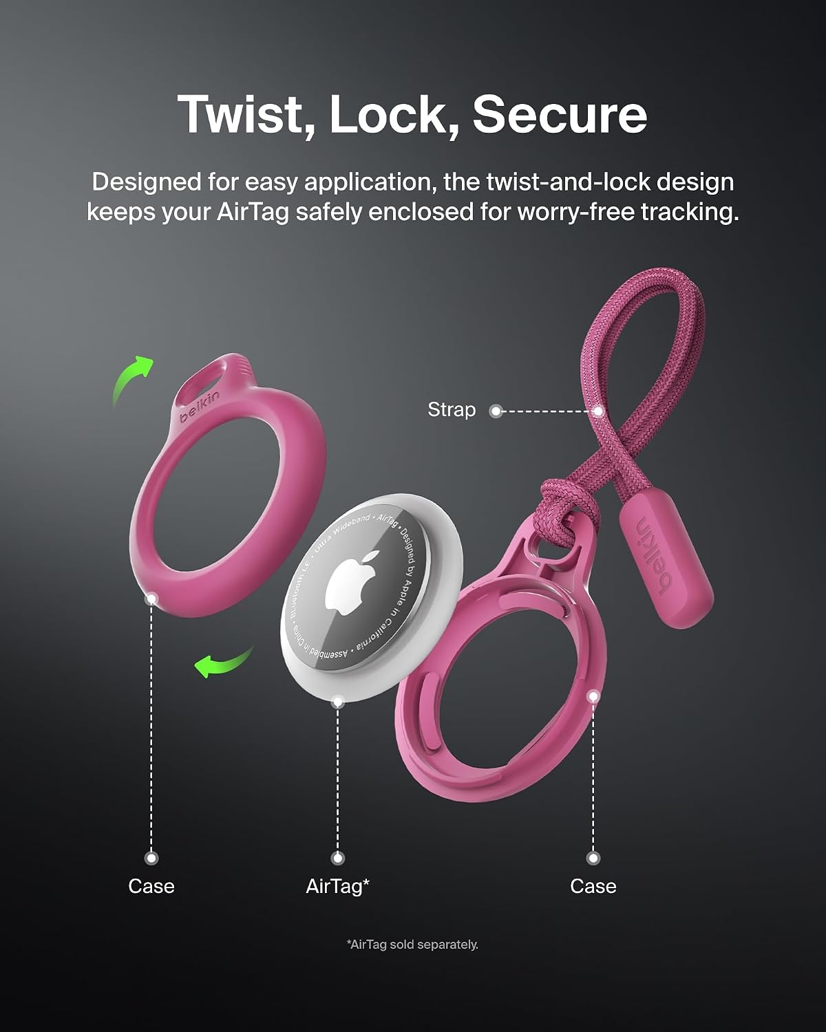 Belkin Airtag Case With Strap, Secure Holder Protective Cover For Air Tag With Scratch Resistance Accessory - Pink
