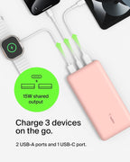 Belkin USB C Portable Charger 20000 mAh, 20K Power Bank with USB Type C Input Output Port and 2 USB A Ports with Included USB C to A Cable for iPhone, Galaxy, and More – Rose Gold