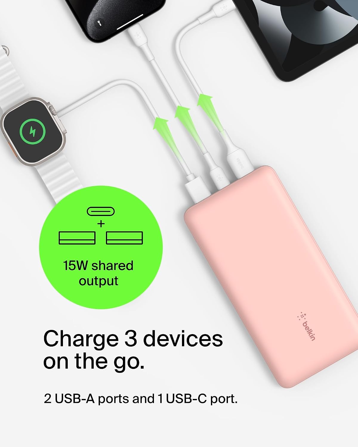 Belkin USB C Portable Charger 20000 mAh, 20K Power Bank with USB Type C Input Output Port and 2 USB A Ports with Included USB C to A Cable for iPhone, Galaxy, and More – Rose Gold