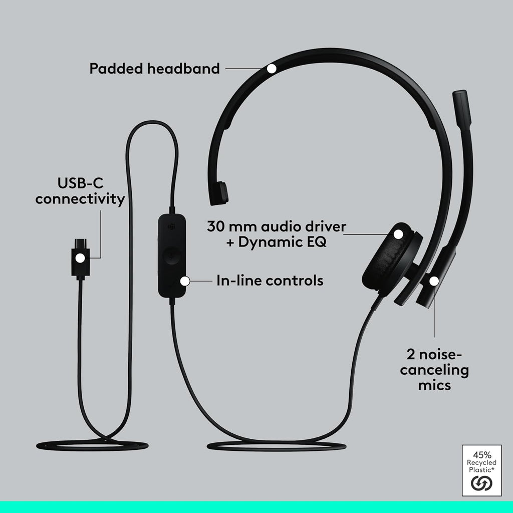 Logitech H570E USB-C Mono Headset — Teams — Black