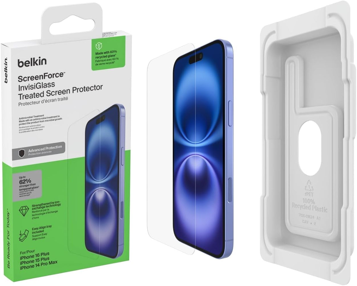 Belkin ScreenForce InvisiGlass iPhone 16 Plus Screen Protector, scratch-resistant, easy align tray for bubble free application, made with recycled glass for iPhone 16 Plus, iPhone 15 Plus, 14 Pro Max