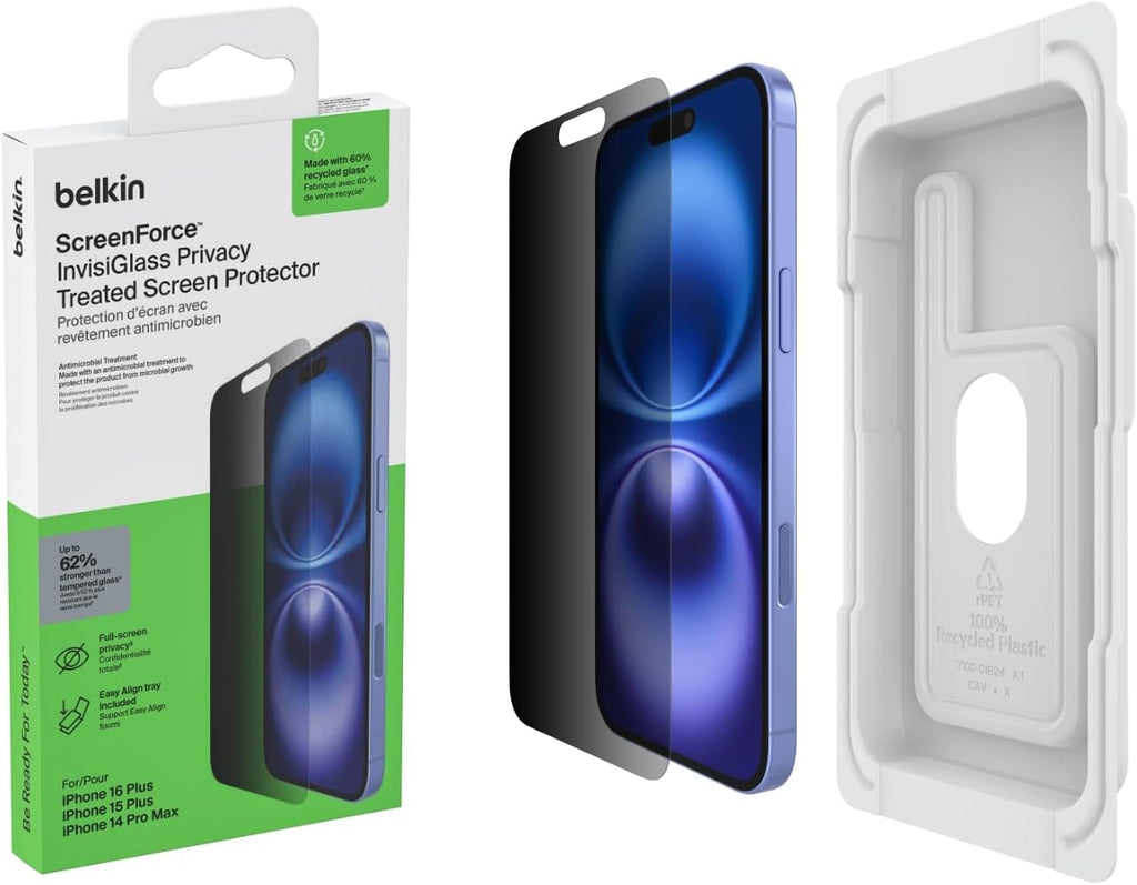 Belkin ScreenForce InvisiGlass iPhone 16 Plus Privacy Screen Protector, scratch-resistant, easy align tray for bubble free application, recycled glass for iPhone 16 Plus, iPhone 15 Plus, 14 Pro Max
