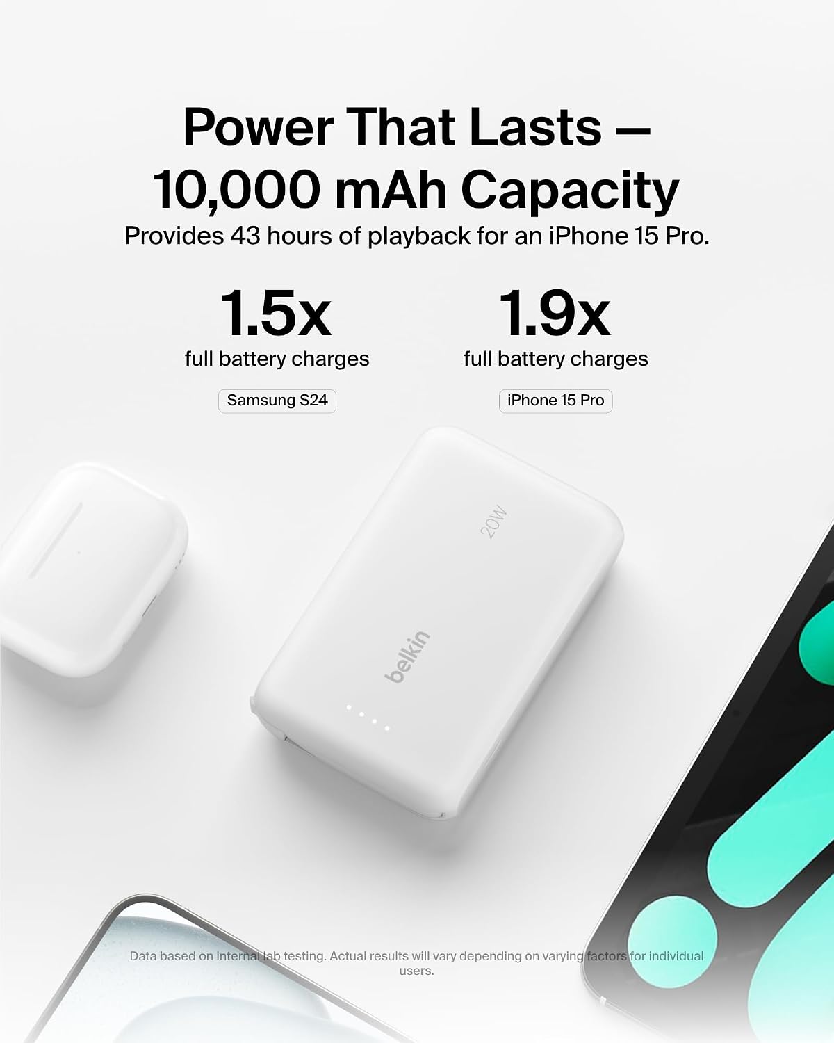 Belkin Fast Charge, Portable with Integrated Cable 10K PD 20W - Fast Charge -C Power Delivery, iPhone Fast Charging for iPhone 17 Series, iPad Pro, Galaxy S25, More
