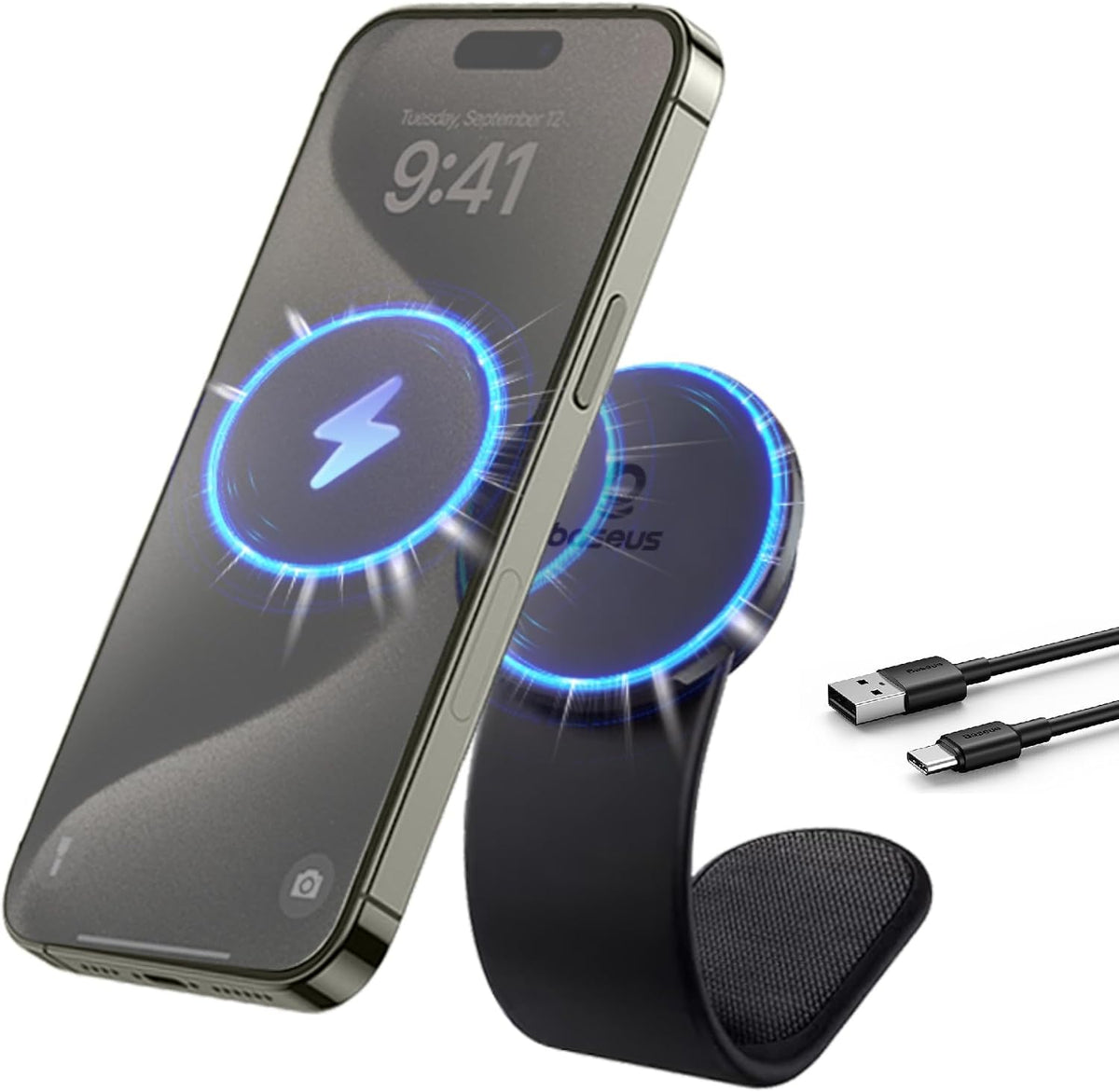 Baseus C02 Pro Magnetic Car Phone Holder, 15W Wireless Car Charger for Dashboard, 360° Adjustable Magsafe Car Mount — Black