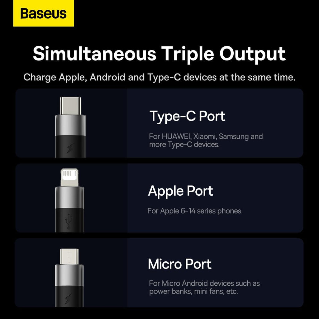 Baseus StarSpeed USB-A to Lightning / Micro-USB / USB-C Cable 3.5A — 1.2m — Black
