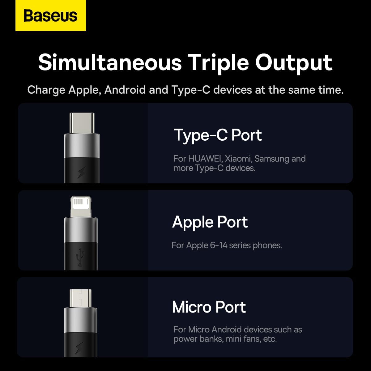 Baseus StarSpeed USB-A to Lightning / Micro-USB / USB-C Cable 3.5A — 1.2m — Black