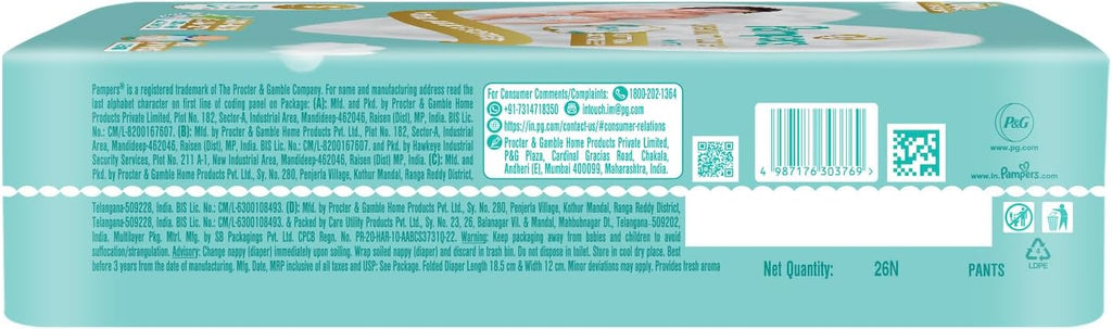 Pampers Premium Care Pant Style Baby Diapers S 26 Count | No Marks Design | Voted India’s #1 Softest Diaper | All in 1 diaper with 360 Cottony Softness