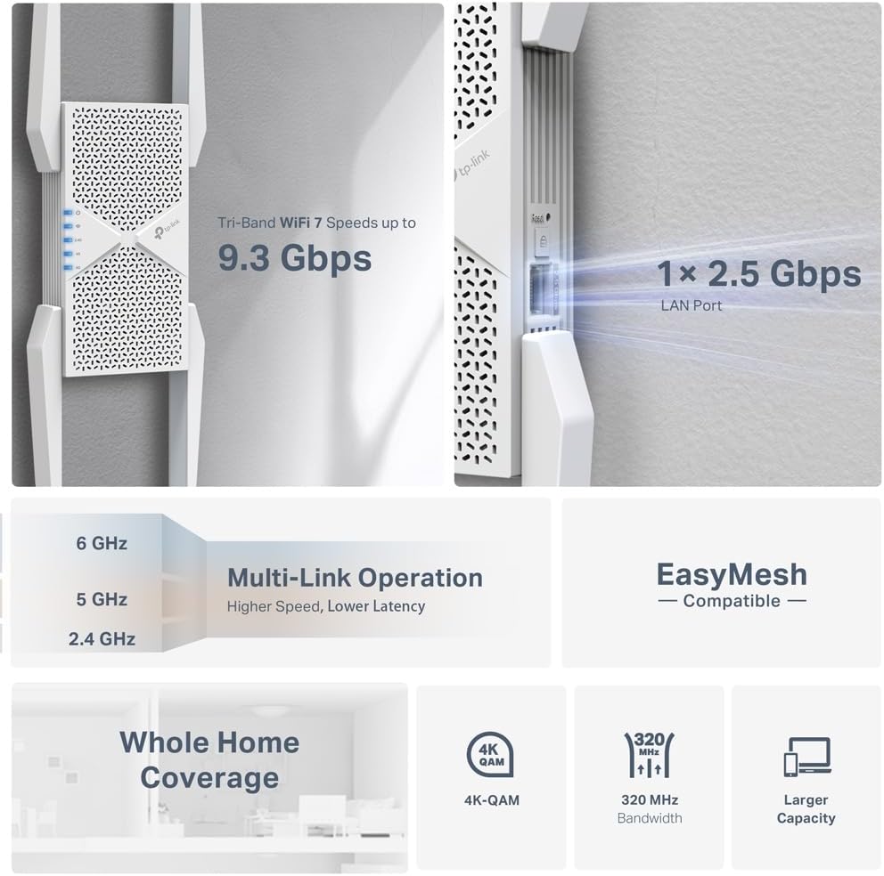 TP-Link RE655BE Tri-Band Wi-Fi 7 Amplifier Repeater BE9300, up to 5764 Mbps (6 GHz) + 2882 Mbps (5 GHz) + 688 Mbps (2.4 GHz), EasyMesh, 1 x 2.5 Gigabit LAN Port, 4 x External Antennas, WWPA3