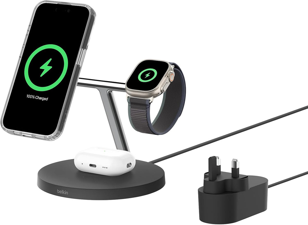 Belkin BoostCharge 3-in-1 Qi2 charger, MagSafe compatible wireless charging station, Qi2 Wireless Charger for Apple iPhone 17 Series, Air, Apple Watch, AirPods with Non-Slip Base, PSU Included - Black