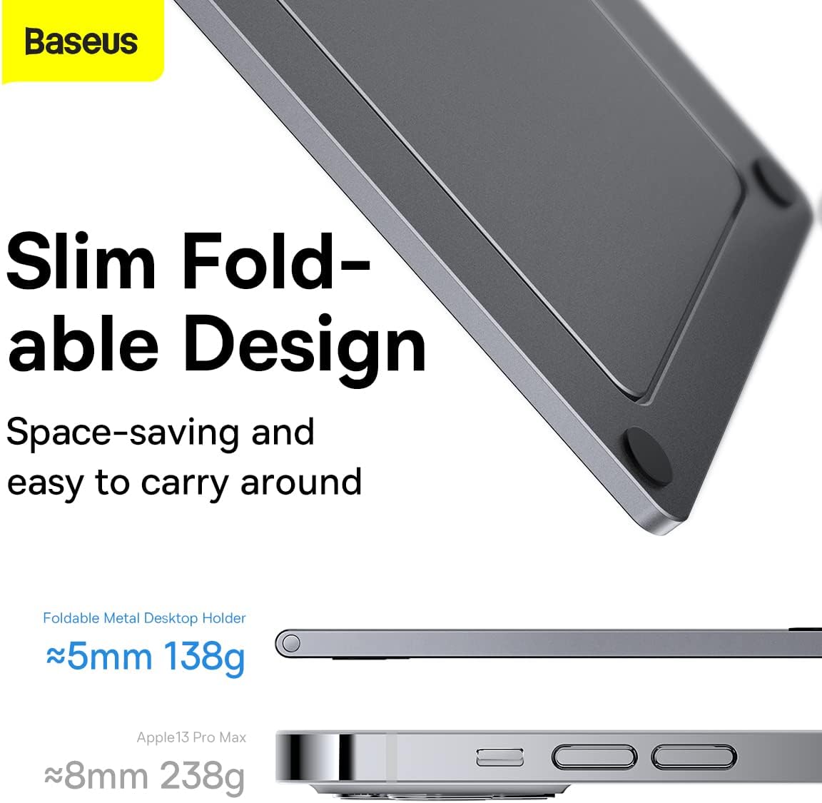 Baseus Metal Stand Desktop Holder, Fully Foldable Holder for Desk, Desktop Mobile Phone Cradle Dock — For Phones (Foldable) — Grey