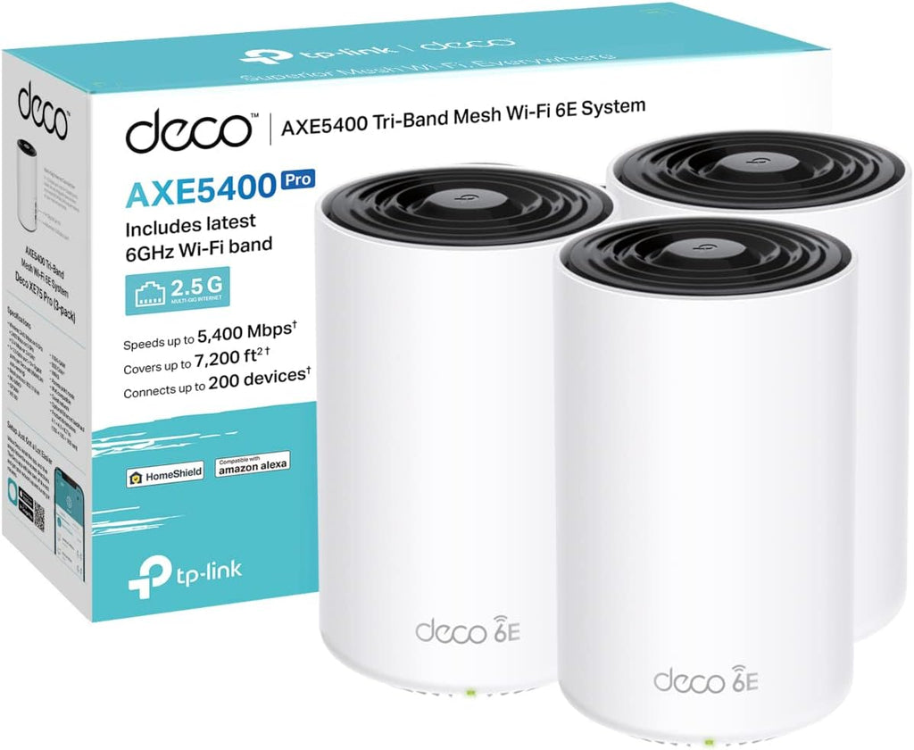 TP-Link Deco XE75 Pro AXE5400 Whole Home Tri-Band Mesh Wi-Fi 6E System, 1× 2.5 Gbps Port + 2× Gigabit Ports, AI-Driven Mesh, cover up to 2,900 ft2, Connect up to 200 devices, HomeShield, 8K, Pack of 3