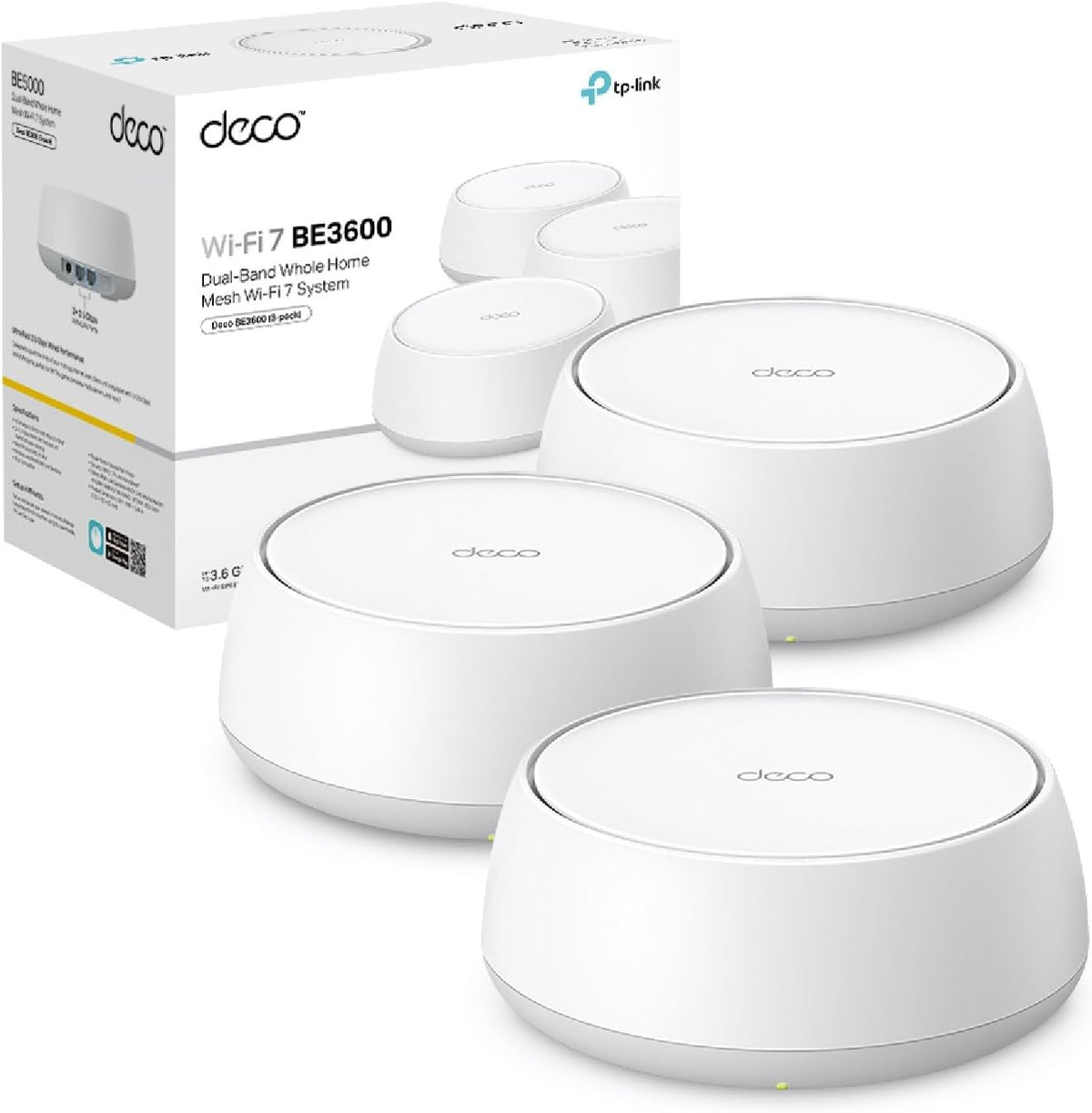 TP-Link WiFi 7 Deco BE3600 Mesh WiFi, BE3600Mbps, Dual Band, 160MHz Channels, 2 Gigabit Ports, HomeShield, MLO, 4K-QAM, Works with Any ISP and Modem, 4 Internal Antennas, WPA3, Alexa, 3pcs