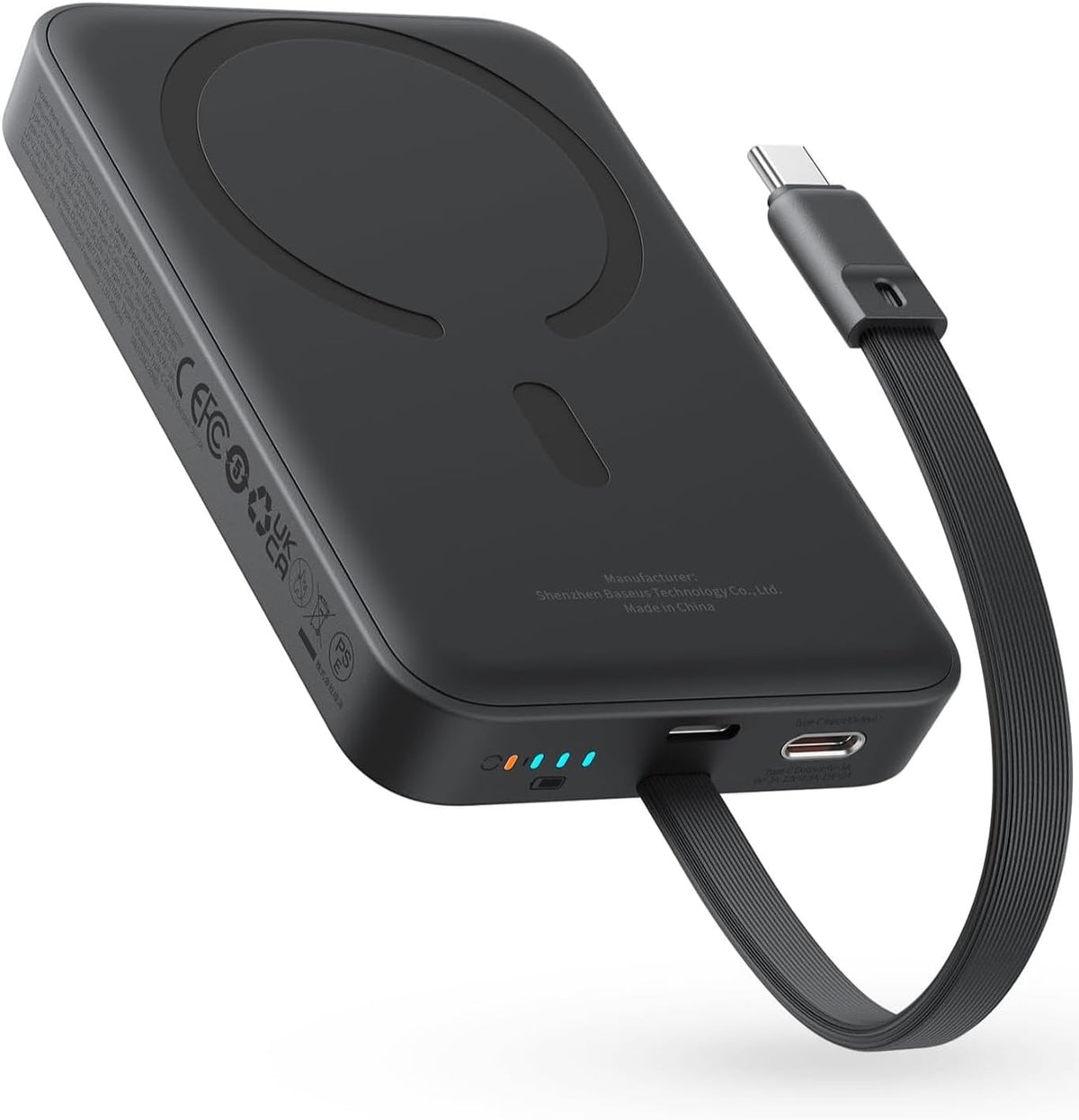 Baseus 30W Magnetic Wireless Power Bank 10000mAh with Built-in USB C Cable – MagSafe Compatible Battery Pack — 10000mAh-30W-W/Cable — Black