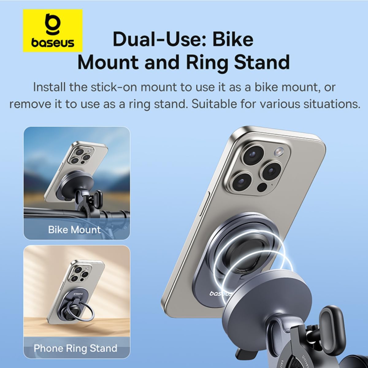 Baseus PrimeTrip 2-in-1 Magnetic Bike Phone Holder, 360° Rotatable Stick-On Mount & Ring Stand, Universal Handlebar Fit (20-35mm) for Bicycle, Motorcycle, E-Bike (Black) — Stick-On Grip — Black