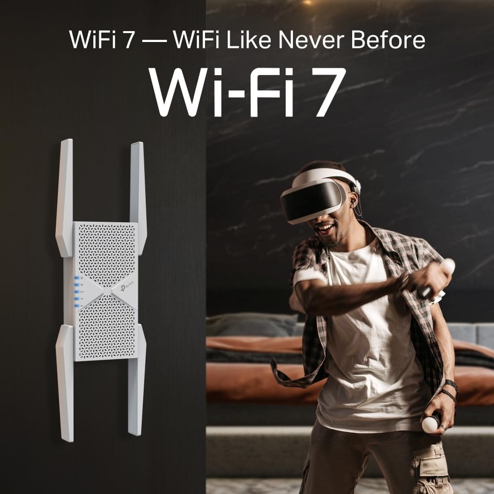 TP-Link RE655BE Tri-Band Wi-Fi 7 Amplifier Repeater BE9300, up to 5764 Mbps (6 GHz) + 2882 Mbps (5 GHz) + 688 Mbps (2.4 GHz), EasyMesh, 1 x 2.5 Gigabit LAN Port, 4 x External Antennas, WWPA3