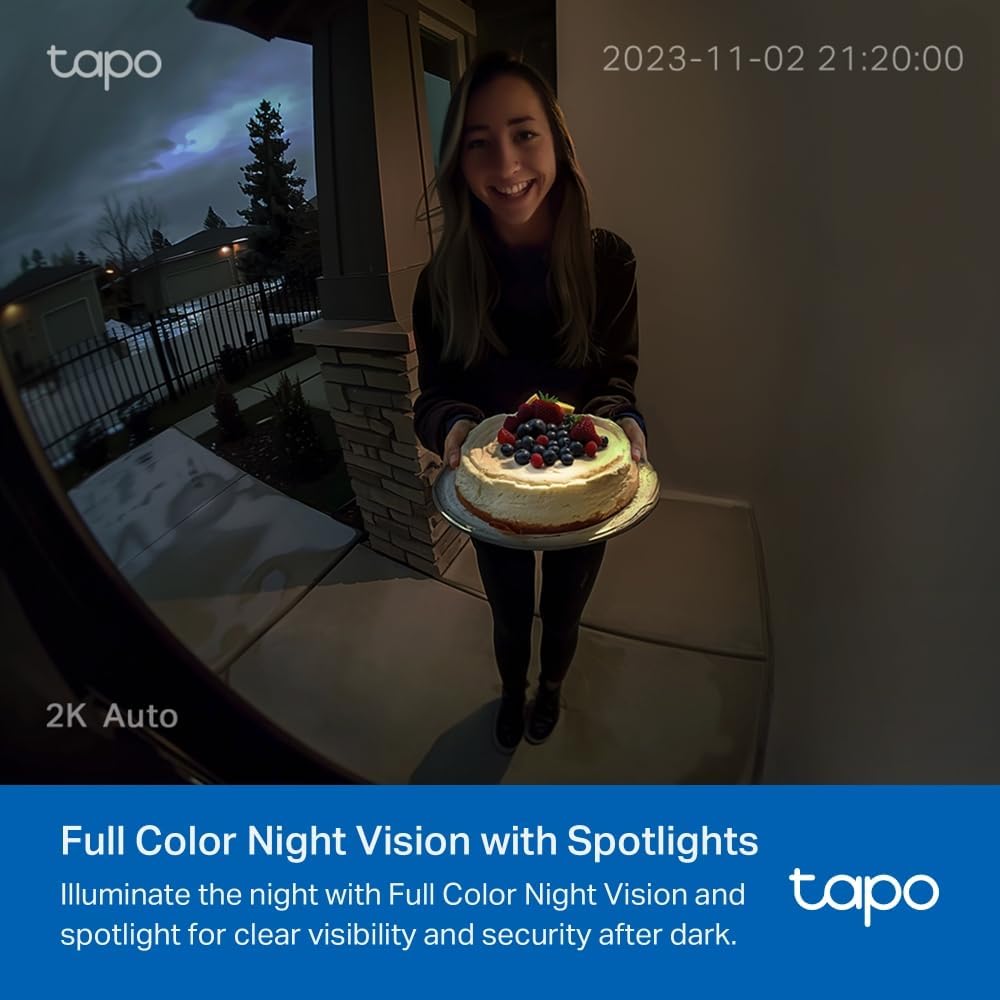 TP-Link Tapo D210, 2K 3MP, Battery Powered, Two-Way Talk, IP64, Cloud/Local Storage, Works with Alexa and Google Home, Easy Installation, Tapo Smart Video Colour Night Vision Supported Doorbell