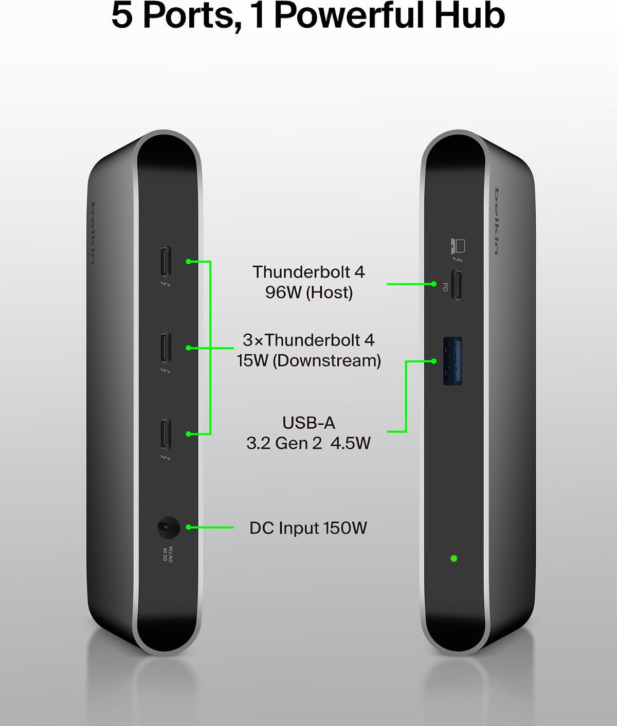 Belkin Connect Thunderbolt 4 Docking Station, 5-in-1 USB-C Multiport Core Hub w/ 96W Power Delivery for Mac, Windows, Single 8K or Dual 4K Display, Thunderbolt 4 Cable & Power Supply Included