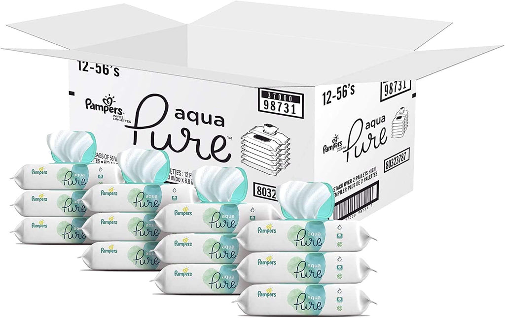 Baby Wipes, Pampers Aqua Pure Sensitive Water Baby Diaper Wipes, Hypoallergenic and Unscented, 56 Count (Pack of 12)