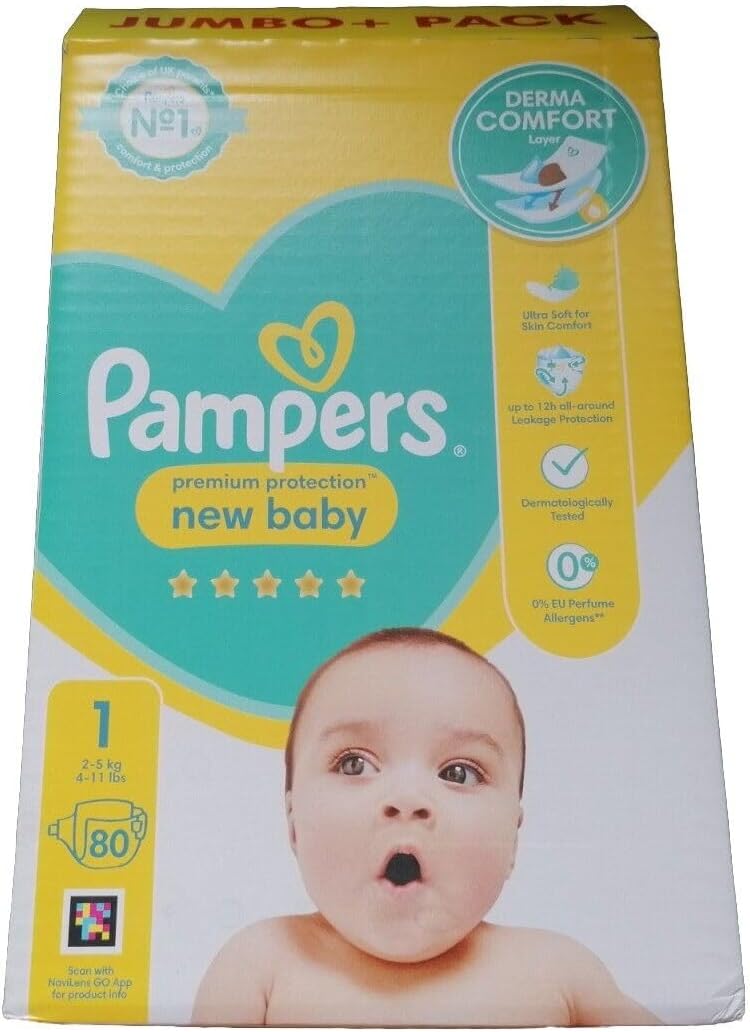 Pampers Baby Nappies Size 1 (2-5 kg / 4-11 lbs), New Baby, 80 Count, JUMBO+ PACK, Protection For Sensitive Newborn Skin, Baby Essentials for Newborn