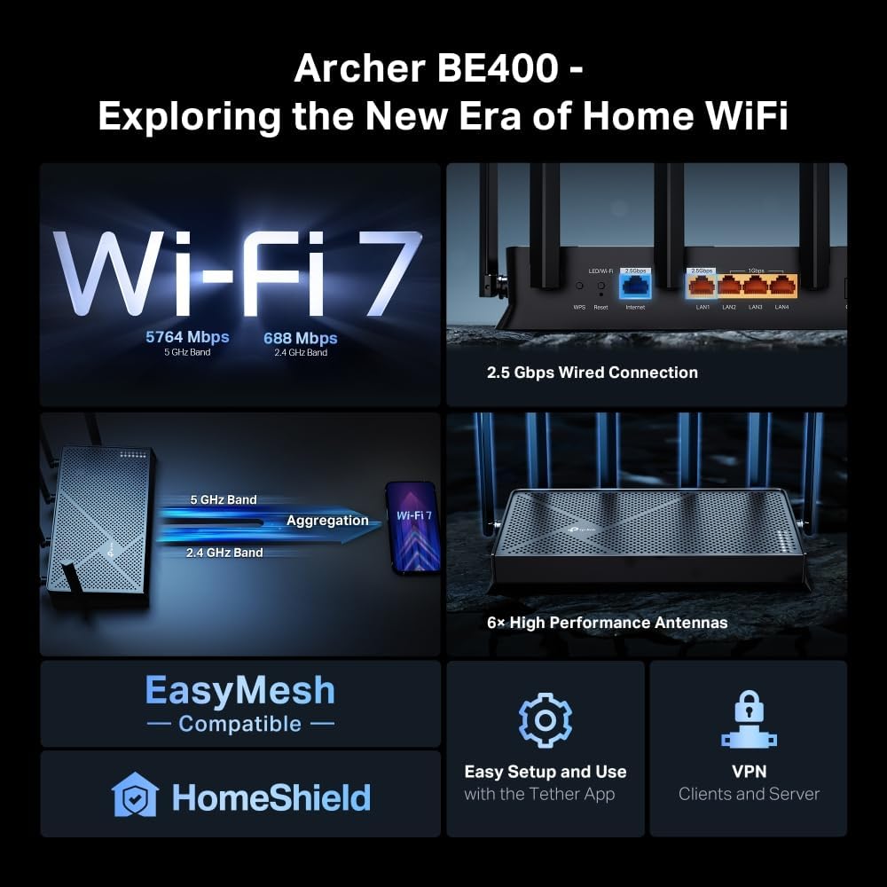 TP-Link Archer BE6500 Dual-Band Wi-Fi 7 Router | Dual 2.5 Gbps Ports USB 3.0 | Covers up to 2,400 Sq. ft and 90 Devices | Quad-core CPU| HomeShield, Private IoT for Network Security - Archer BE400