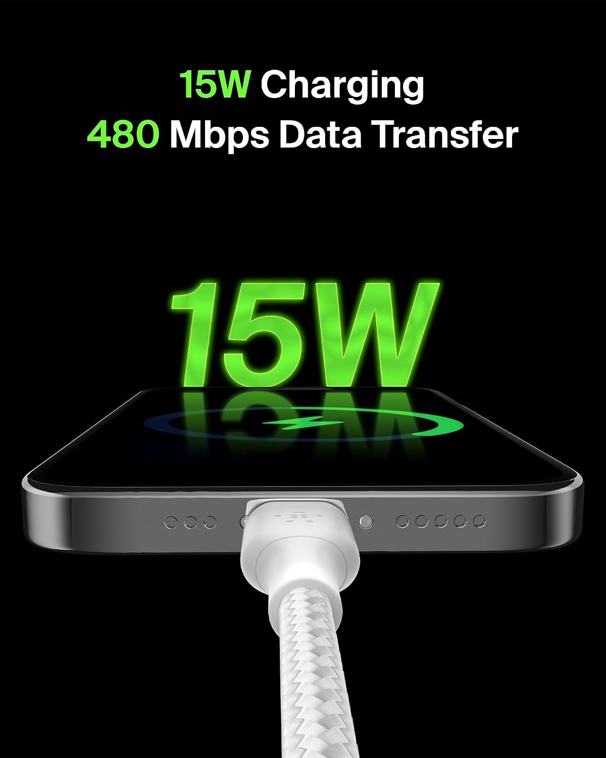 Belkin Fast Charge Braided USB C charger cable, USB-C to USB-A cable, USB type C charging cable for iPhone 15, Samsung Galaxy S23, Google Pixel, iPad, MacBook, Nintendo Switch and more - 1m, White