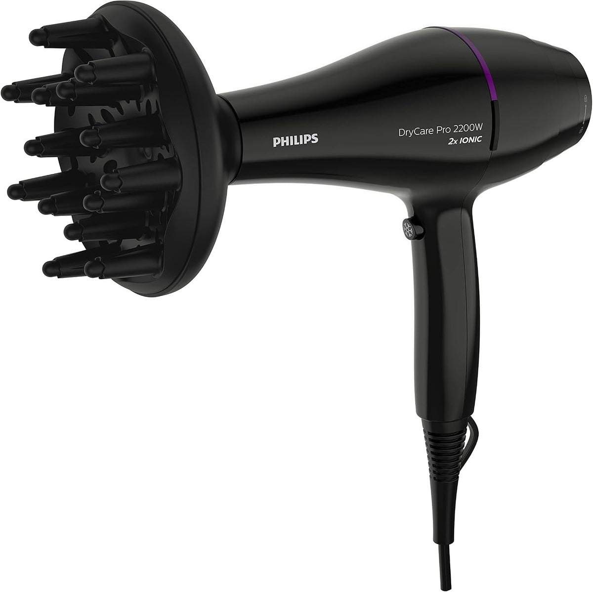 Philips Pro Hairdryer BHD274/03 — 2200W — AC motor — Drying Speed up to 130 km/h* — Thermoprotect & CoolShot — 6 Heat/Speed settings — 2 attachements (Narrow nozzle & volume diffuser) — 2x more ions — Black