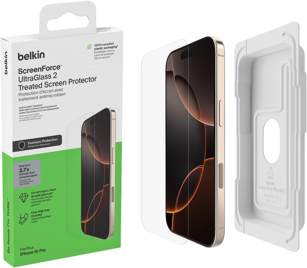 Belkin ScreenForce UltraGlass 2 Treated iPhone 16 Pro Screen Protector, scratch-resistant, 9H hardness tested glass, slim design, with bubble-free application, full screen coverage for iPhone 16 Pro