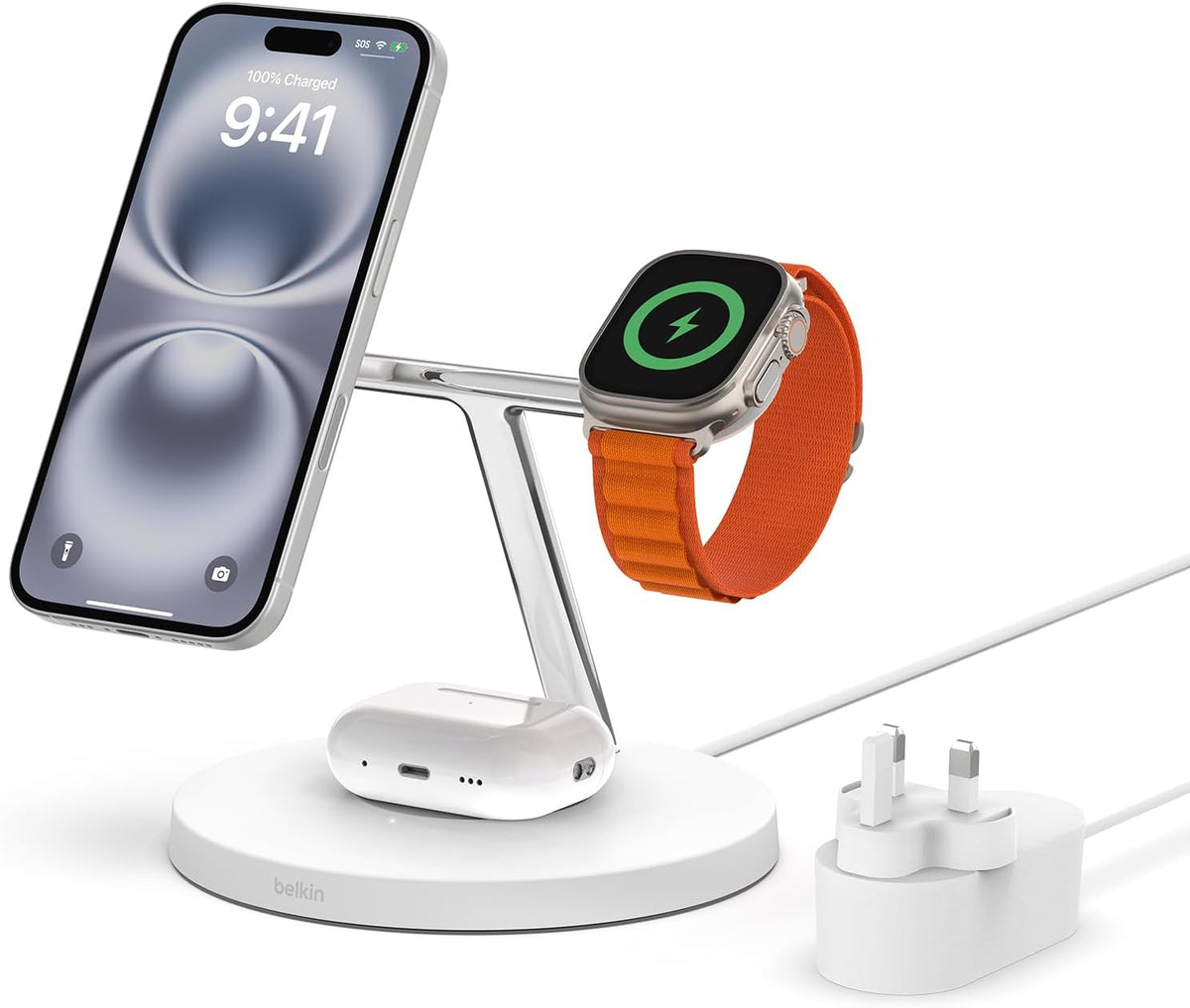 Belkin MagSafe 3 in 1 Wireless Charging Station, 15W iPhone and Apple Watch Fast Wireless Charger, AirPods Charging Station for iPhone 16, 15, 14, 13, 12 Series, Apple Watch 10/9/8, SE, Ultra - White