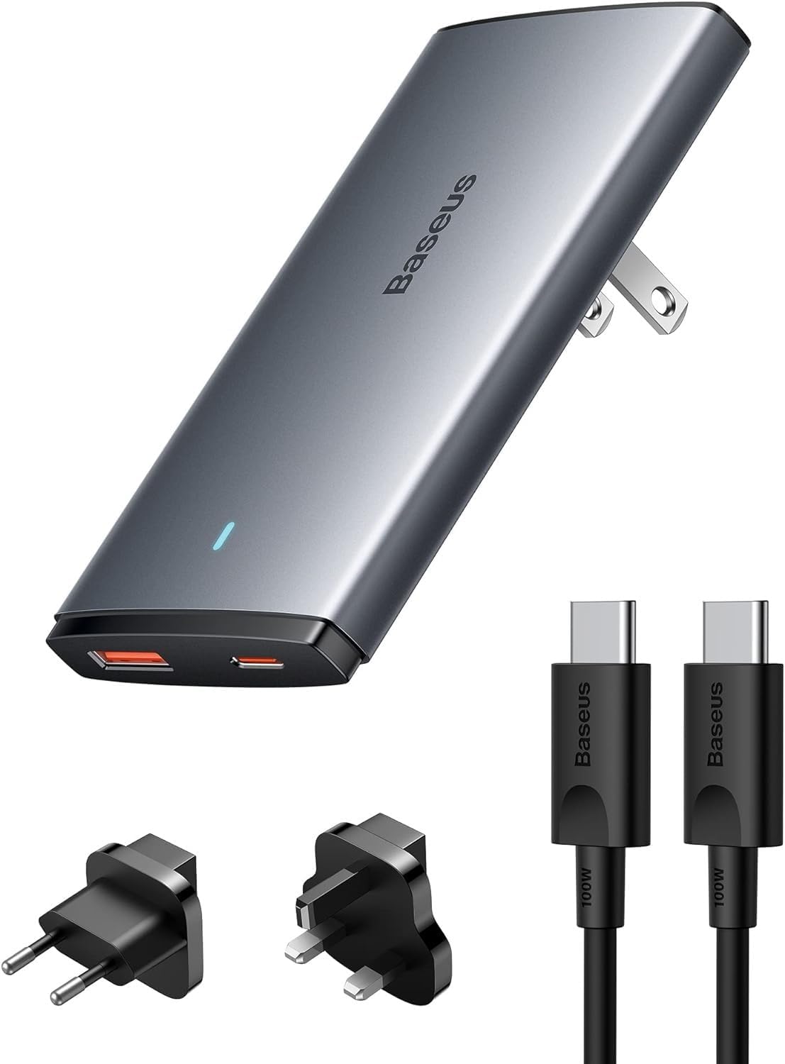 Baseus 65W Ultra-Slim Fast Charger, Dual Port Travel Adapter, UK + EU + US Wall Charger Plug With 100W USB C Cable — 65W-EU-C+A — Black