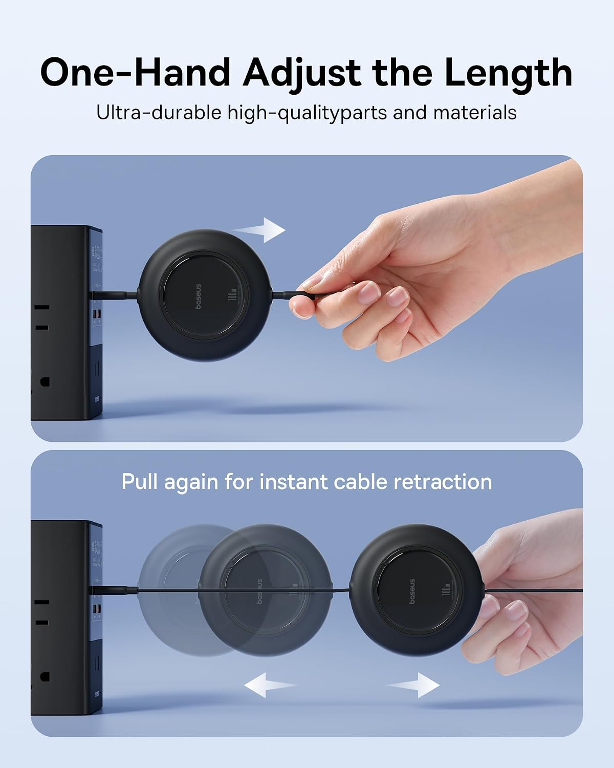 Baseus USB C Cable, 100W 2-Pack 6.6ft Retractable USBC to USBC Fast Charging Cable, 7-Stage Length Preset Retractable Type C Cord — 6.6ft+6.6ft — Black