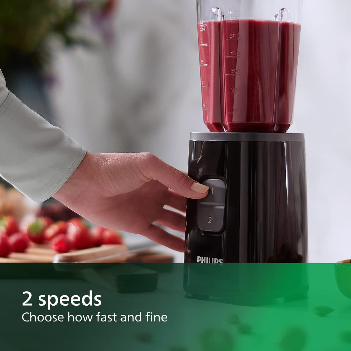 Philips Daily Collection Mini Blender and Smoothie Maker, 350W, 1L Jug, On-the-go Tumbler, Dishwasher Safe, Recipe App, 2 Speeds, Ice Crush, Quick Clean, Deep Black (HR2602/91) — black