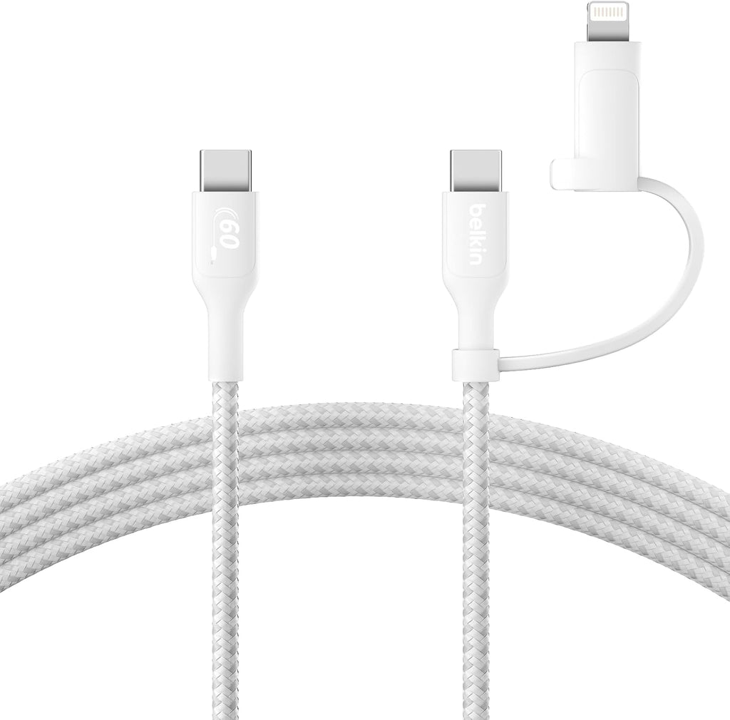 Belkin 2-in-1 Charging Cable with USB-C & Lightning Connector - Braided Fast-Charging Cable, USB-C to USB-C & Lightning Charger Cord, Multi-Charging Combo for Apple iPhone, iPad, Samsung, More - White
