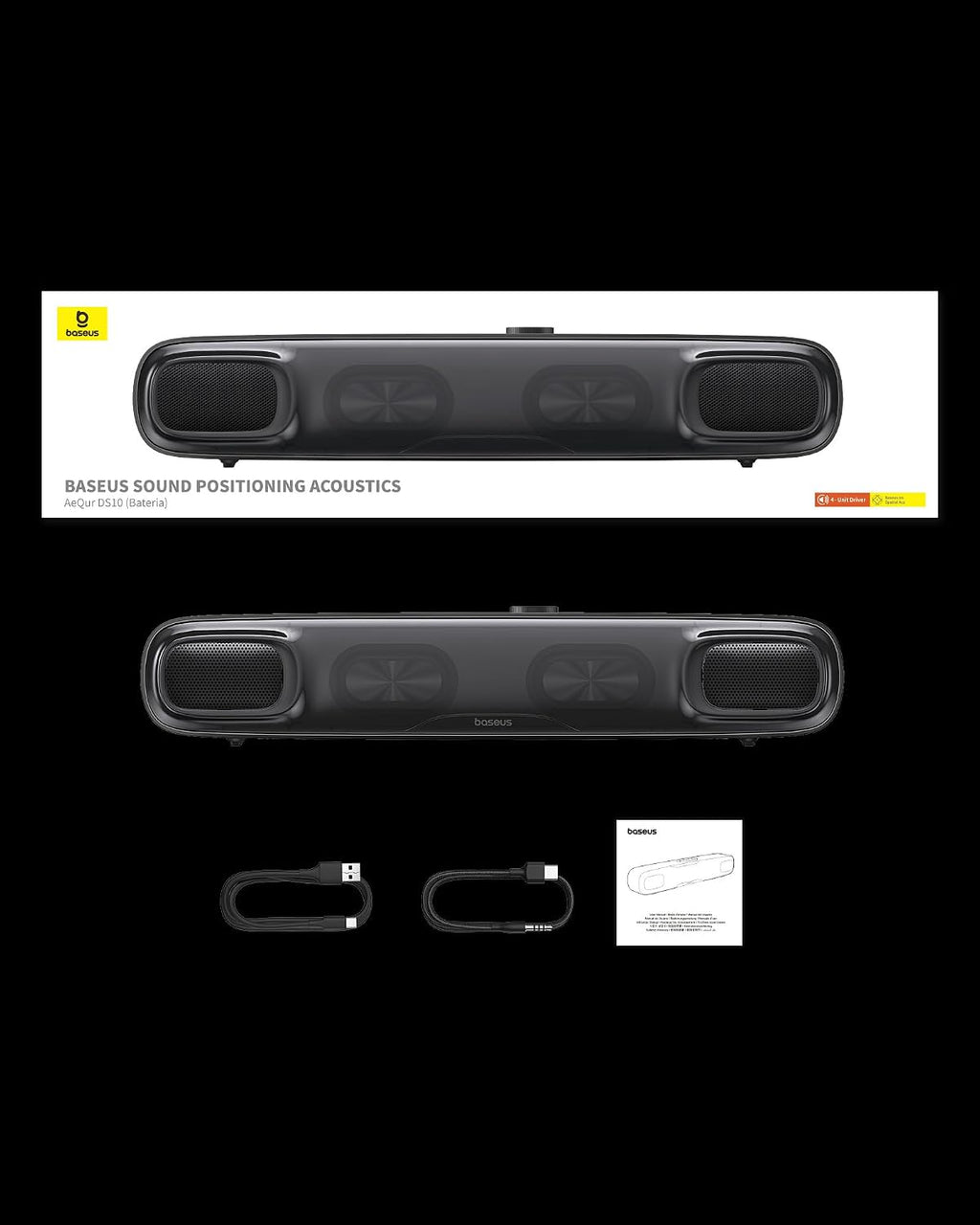 Baseus Wireless Single Soundbar Speaker With Bluetooth 5.3, App Controlled Mini Soundbar, Triple Audio Modes, 7-Colors RGB, Cable Audio with Microphone for TV, PC — Battery — Blue