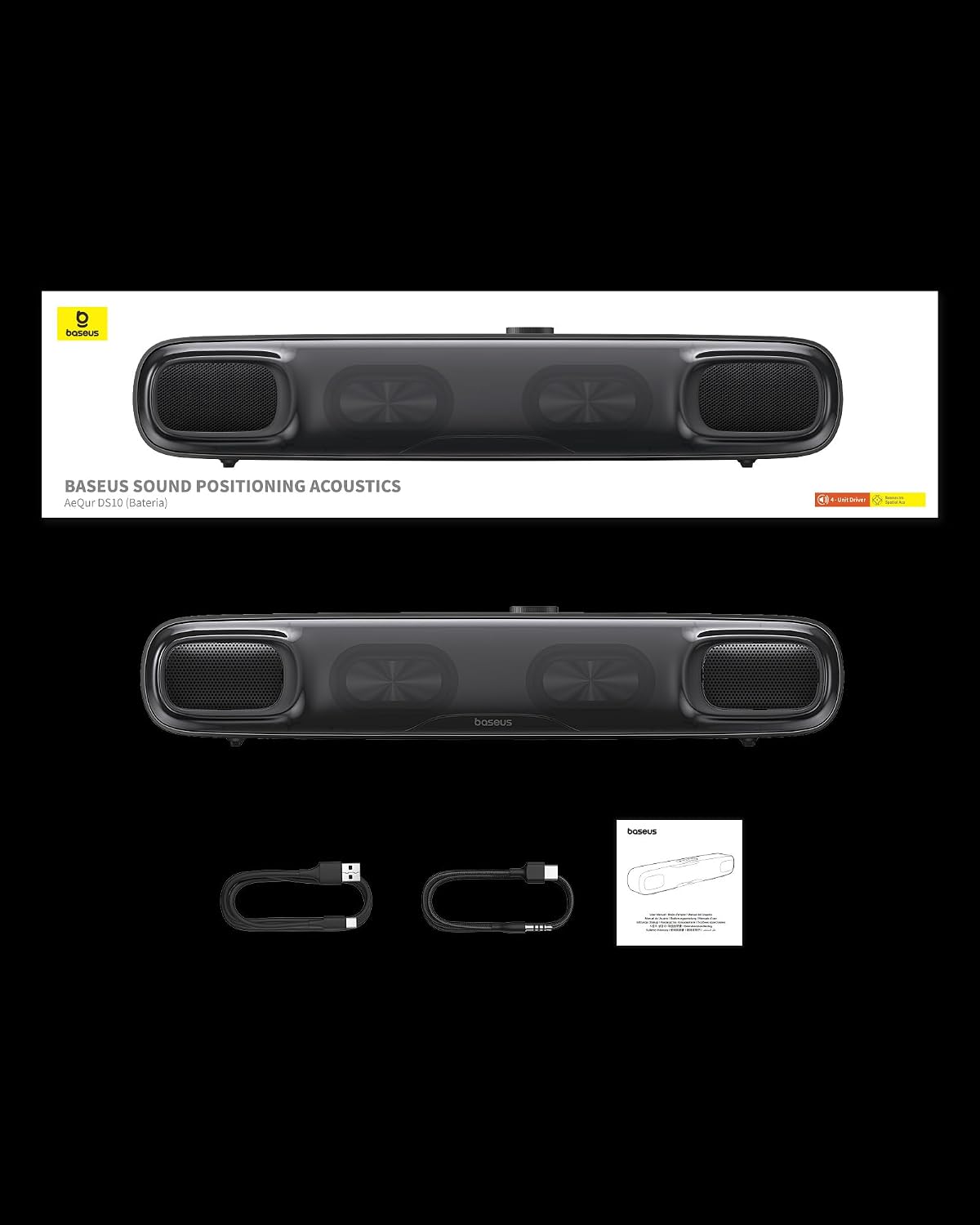 Baseus Wireless Single Soundbar Speaker With Bluetooth 5.3, App Controlled Mini Soundbar, Triple Audio Modes, 7-Colors RGB, Cable Audio with Microphone for TV, PC — Battery — Blue