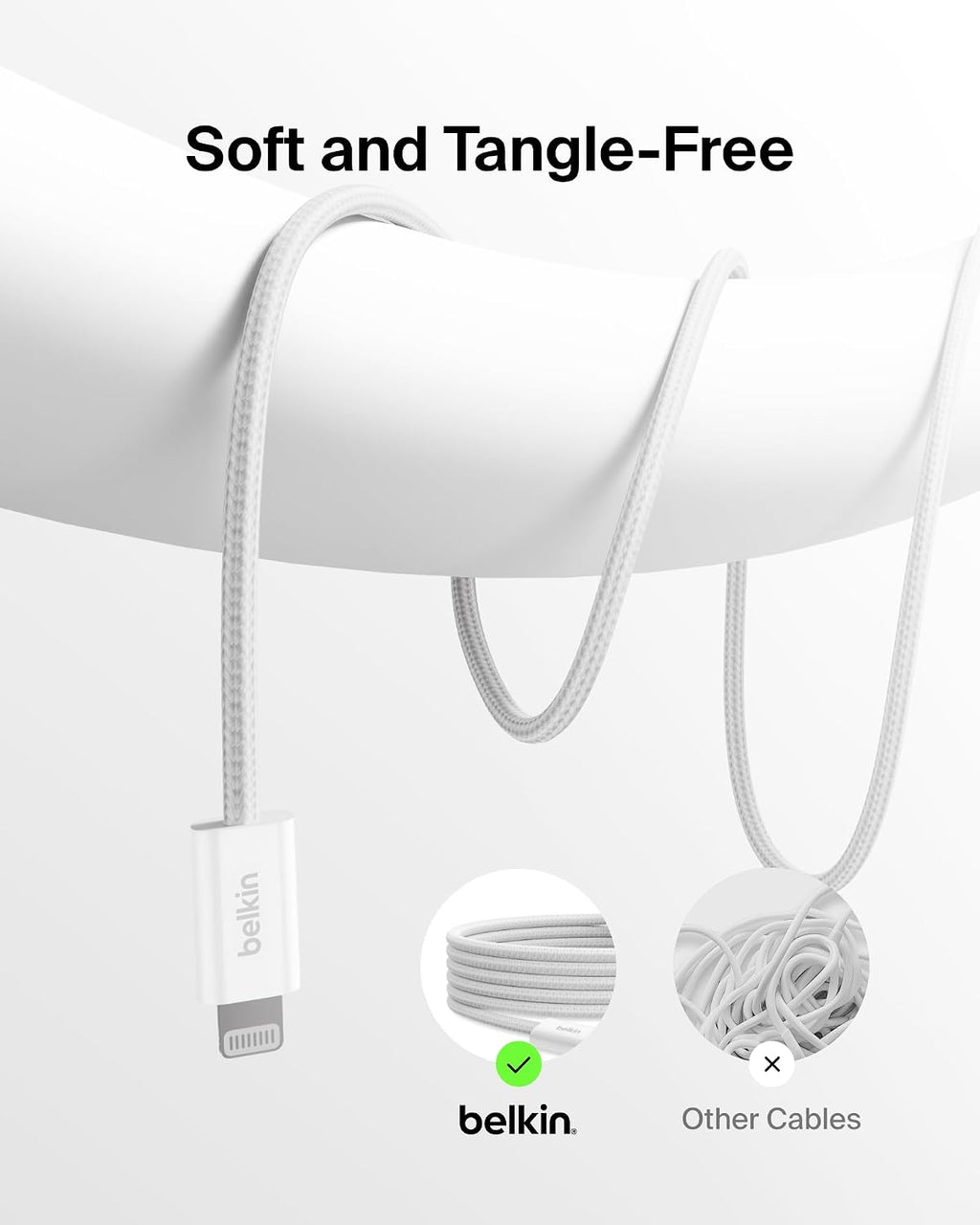 Belkin 2-Pack Braided USB-C Cable with Lightning Connector 5ft - Soft, Flexible Fast-Charging Cable, Lightning Charger Cord for iPhone 14 & Earlier Series, iPad 9th Gen, & AirPods - White