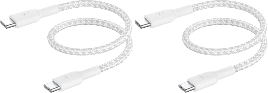 Belkin Fast Charge (0.5ft) Braided USB-C to USB-C Cable for iPhone 16, iPhone 16 Pro, iPhone 16 Pro Max, iPhone 16 Plus, iPhone 15, Galaxy S24, S23, Note10, Pixel 9, Pixel 8, iPad Pro & More - White