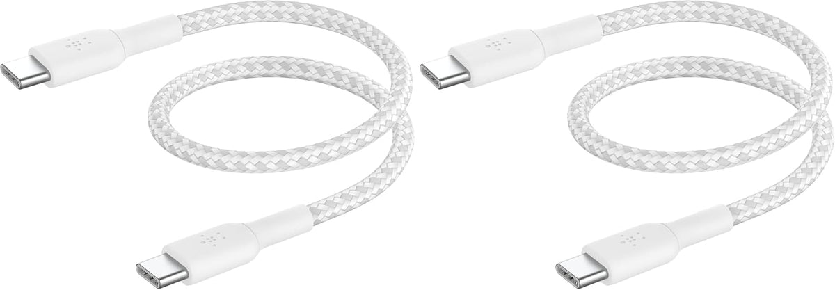 Belkin Fast Charge (0.5ft) Braided USB-C to USB-C Cable for iPhone 16, iPhone 16 Pro, iPhone 16 Pro Max, iPhone 16 Plus, iPhone 15, Galaxy S24, S23, Note10, Pixel 9, Pixel 8, iPad Pro & More - White