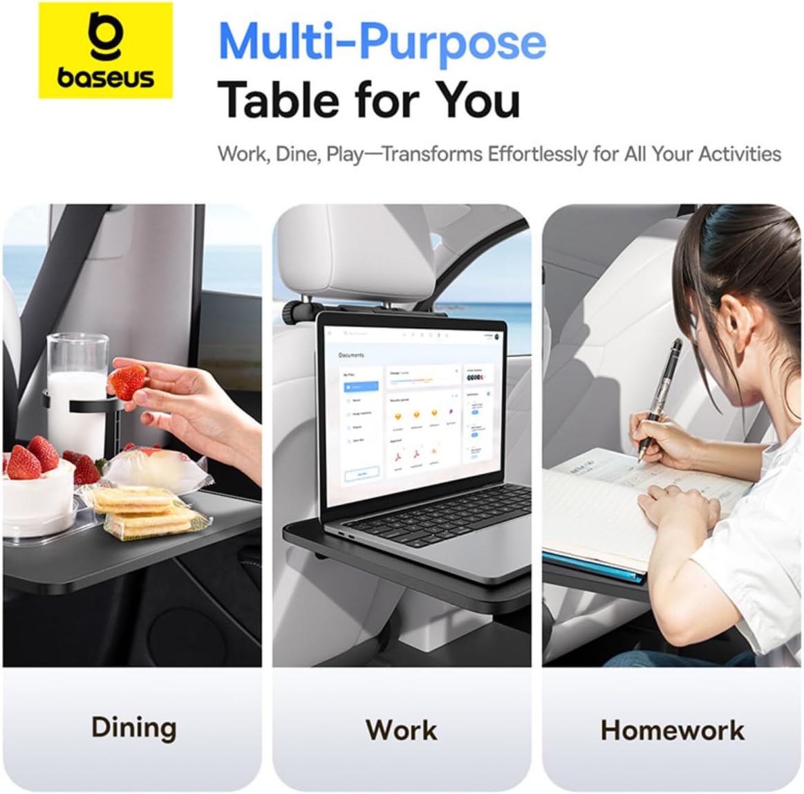 Baseus Car Backseat Tray Table, Foldable Laptop Desk for Travel, Multifunctional Food Tray Drink Holder, 360° Rotatable Magnetic Phone Holder — Black