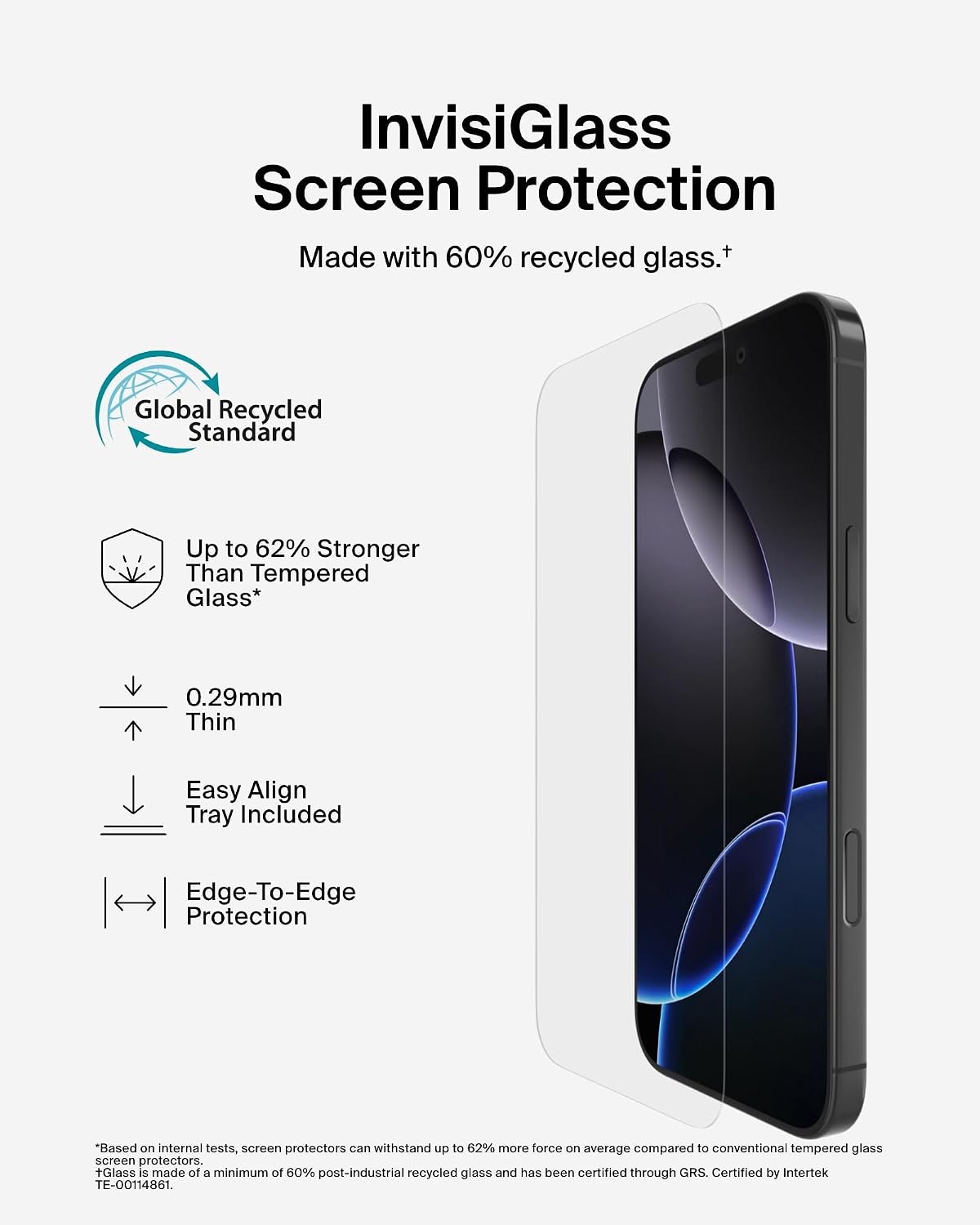 Belkin ScreenForce InvisiGlass iPhone 16 Pro Max Screen Protector, scratch-resistant impact protection, easy align tray for bubble free application, made with recycled glass for iPhone 16 Pro Max