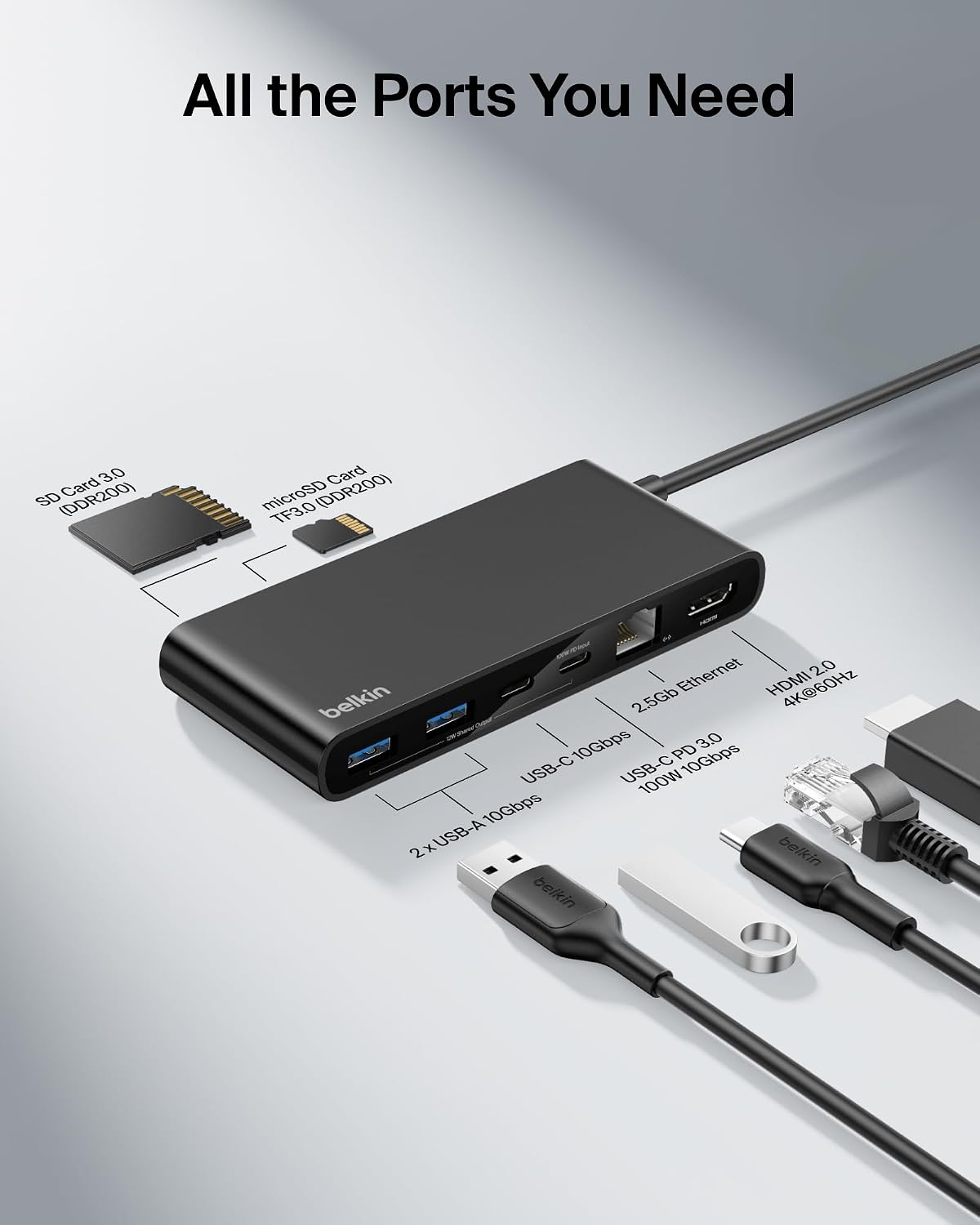 Belkin Connect 8-Port USB C Hub, Supports Display w/Resolutions up to 4K@60Hz - Works with Mac, Windows, and Chromebook - 100W PD w/ 10Gbps Data Transfer Speeds & 2.5Gbps Ethernet - Black