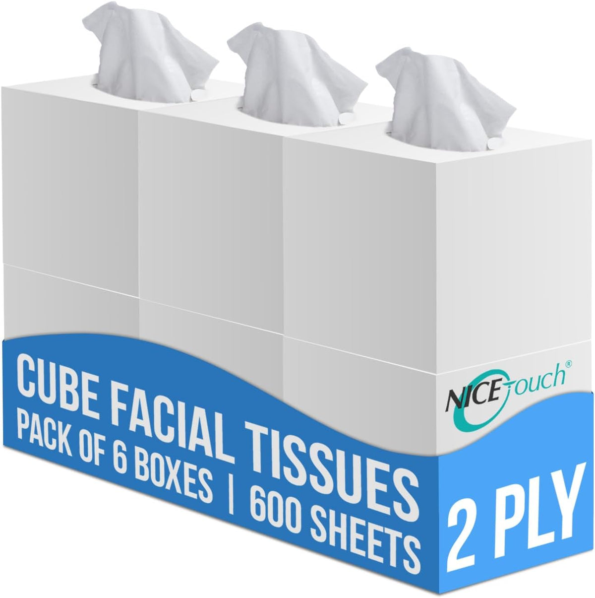 Nice Touch Facial Tissue - 2-Ply X 6 Cube Boxes of 100 Sheets Each - 600 Premium Soft Feel and Absorbent Tissues — front product image