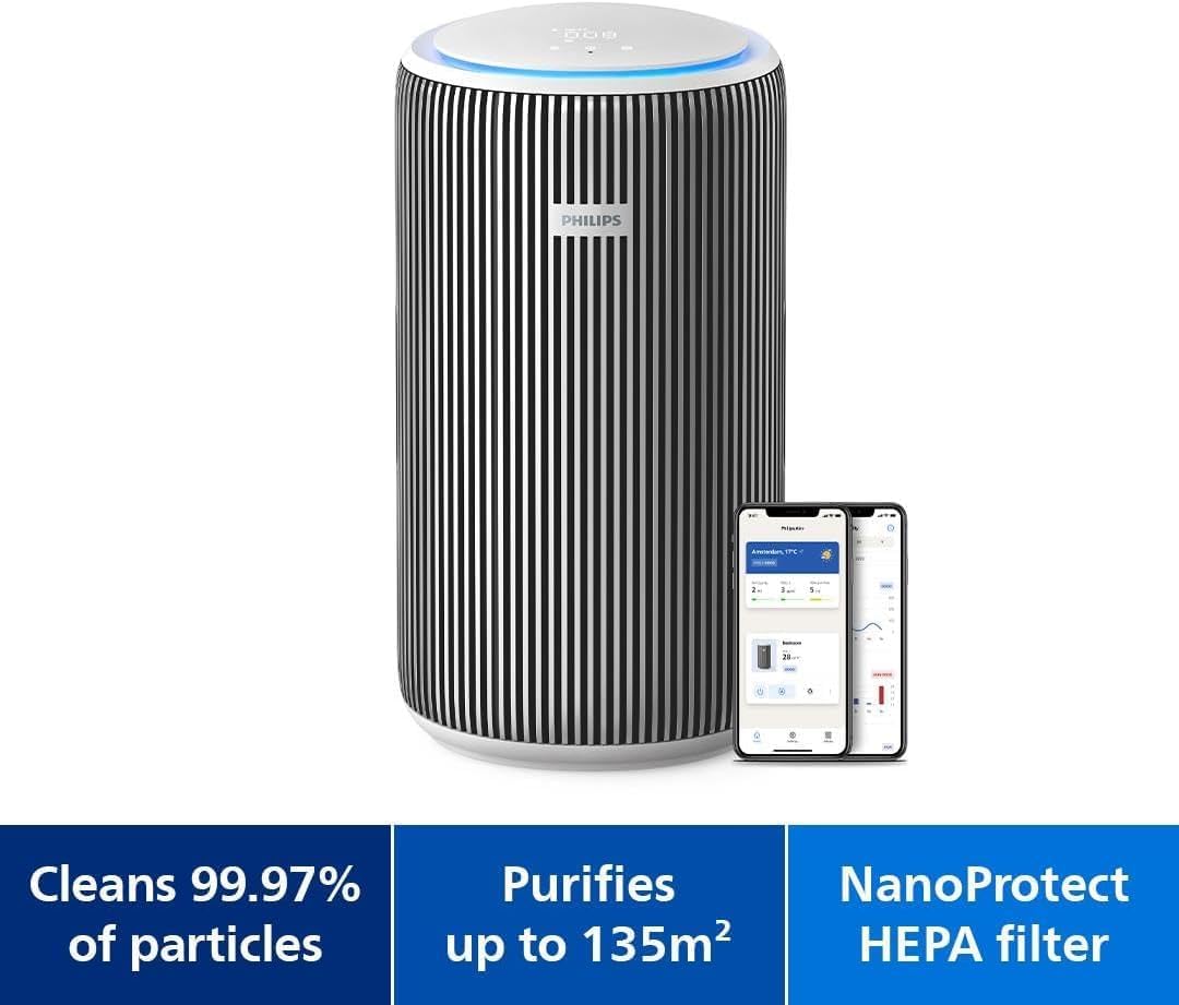 Philips Air Purifier, For Rooms Up To 135m², 520m³/h CADR, Sleep Mode — Silver, Arctic White