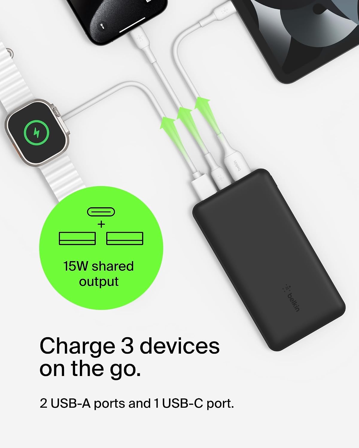 Belkin 10000mAh portable power bank, 10K USB-C portable charger with 1 USB-C port and 2 USB-A ports, battery pack for up to 15W charging for iPhone, Samsung Galaxy, AirPods, iPad, and more – Black