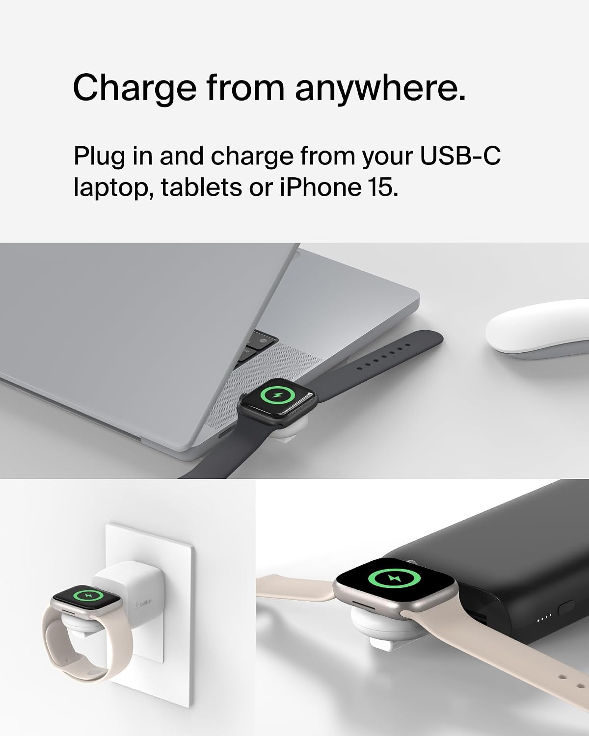 Belkin BoostCharge Portable USB-C Apple Watch Charger - MFi-Certified USB-C Charger for Apple Watch Series 9, Series 8, Series 7, Ultra, & More - Compatible w/MacBook, iPhone 15, & More - White